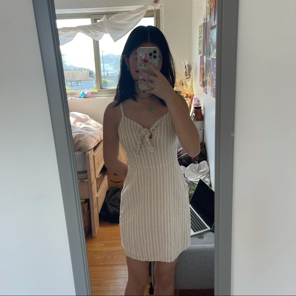 striped beige / tan tie front mini dress